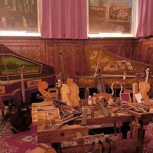 Concert seating and instruments inside a Venice church